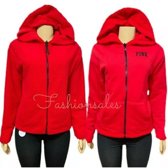Victorias Secret Pink Reversible cozy Hoody Sherpa hoodie jacket full zip red - Picture 1 of 5